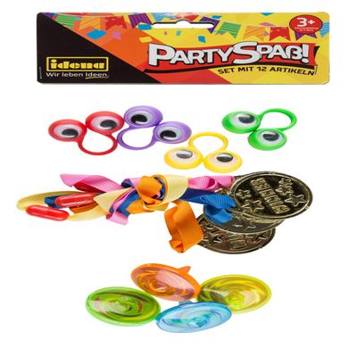 Idena 40439 Party Fun Set with 12 Items, 4 Spinning Tops, 4 Gold Medals and 4 Finger Rings Wiggle Eyes, in Trendy Colours