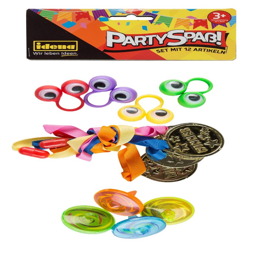 Idena 40439 Party Fun Set with 12 Items, 4 Spinning Tops, 4 Gold Medals and 4 Finger Rings Wiggle Eyes, in Trendy Colours