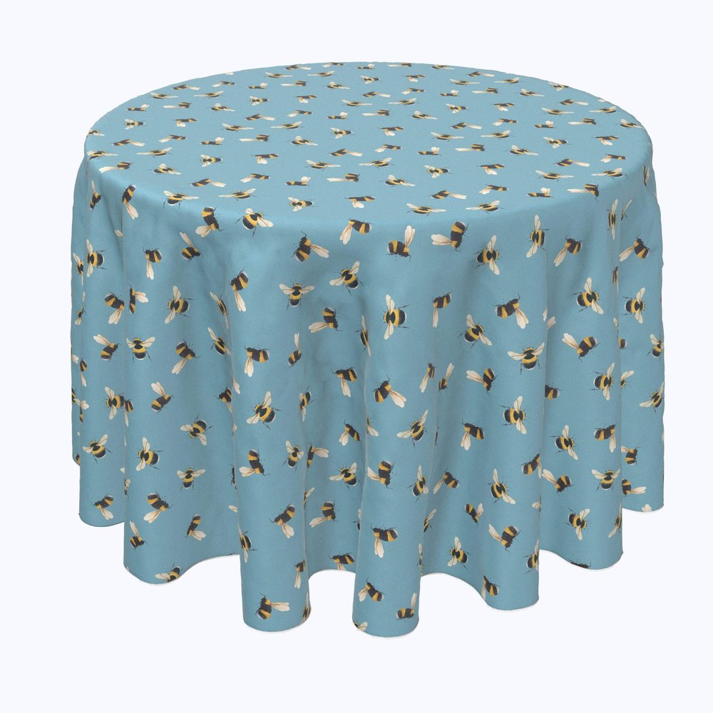 Fabric Textile Products, Machine Washable, 100% Milliken Polyester, Tablecloths, Table Runners, Napkins, & Outdoor Tablecloths, Bumble Bee Toss Blue (60" Round)
