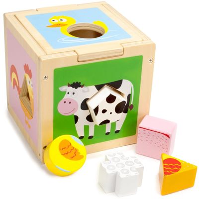 Barnyard Shape Sorter - Farm Animals Infant and Baby Activity Manipulative - Sorting Cube Encourages Motor Skills and Critical Thinking - Traditional Wooden Learning Toy for 1 Year Olds
