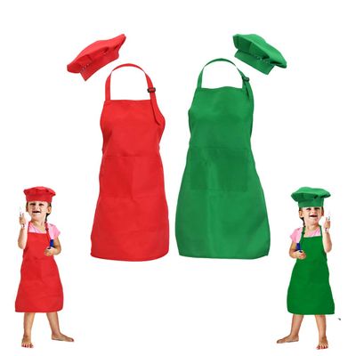 multifuns 2 Sets Green&Red Kids Apron and Chef Hat Set-Childrens Kids Apron for Girls Boys Cooking Painting Baking Wear 5-12 Ages.