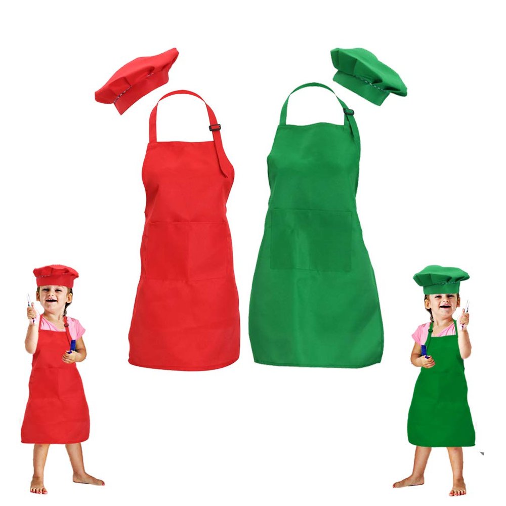 multifuns 2 Sets Green&Red Kids Apron and Chef Hat Set-Childrens Kids Apron for Girls Boys Cooking Painting Baking Wear 5-12 Ages.