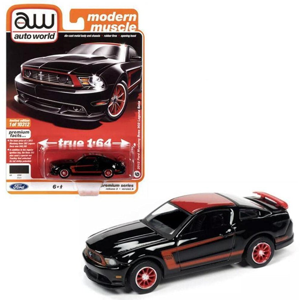 2012 Ford Mustang Boss 302 Laguna Seca Black and Red with Red Wheels Ltd Ed 10312 pcs 1/64 Diecast Model Car by Autoworld 64262-AWSP046 A