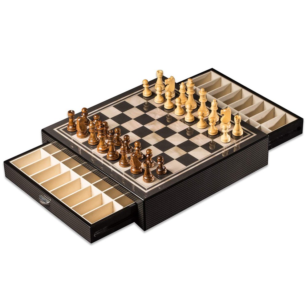 Bey-Berk Designer Chess Set, 13.5" x 13.5" Carbon Fiber and Mother of Pearl Chess Board with Drawer Storage and Weighted Felt-Bottom Pieces