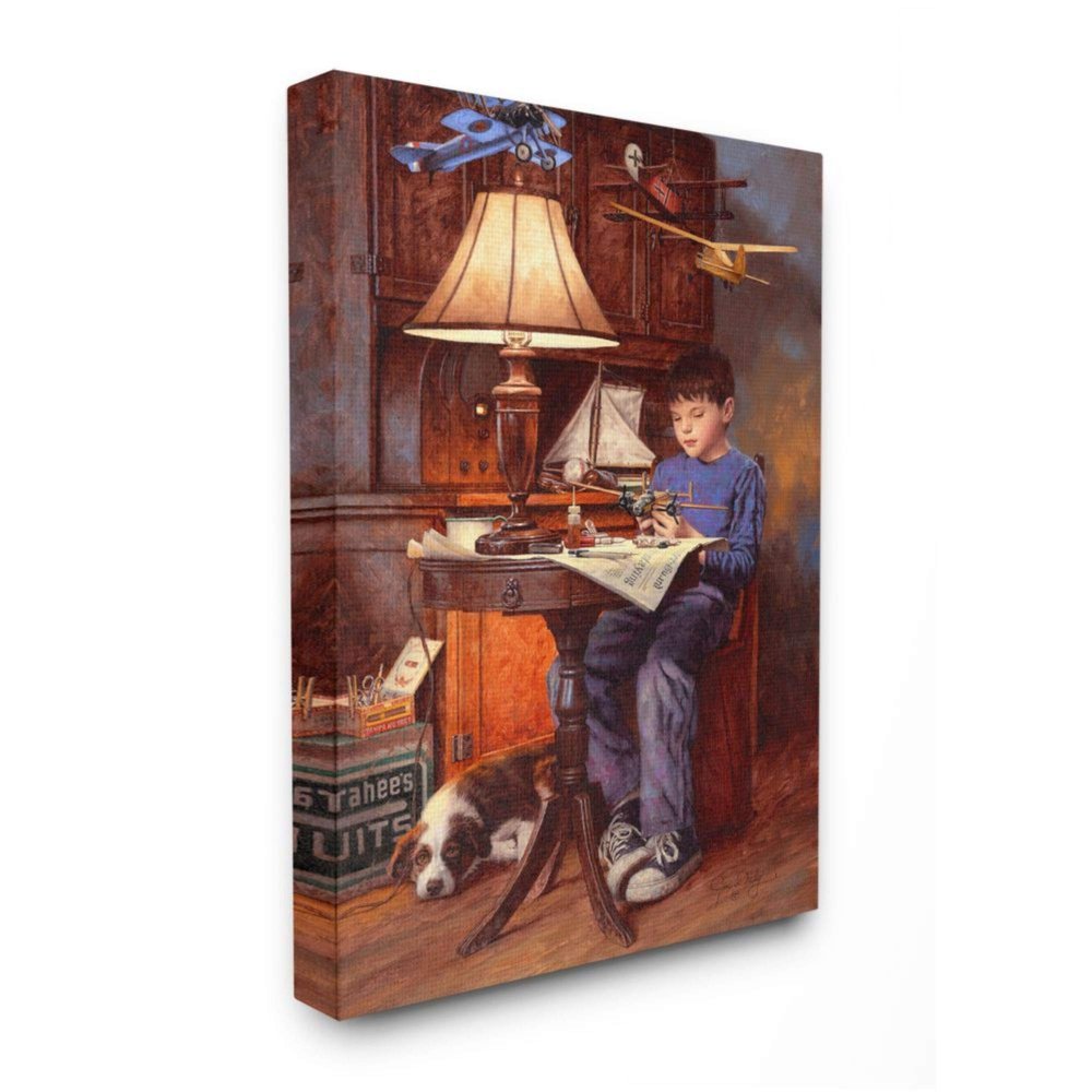 Stupell Industries Boy with Model Airplanes Pet Dog Blue Brown