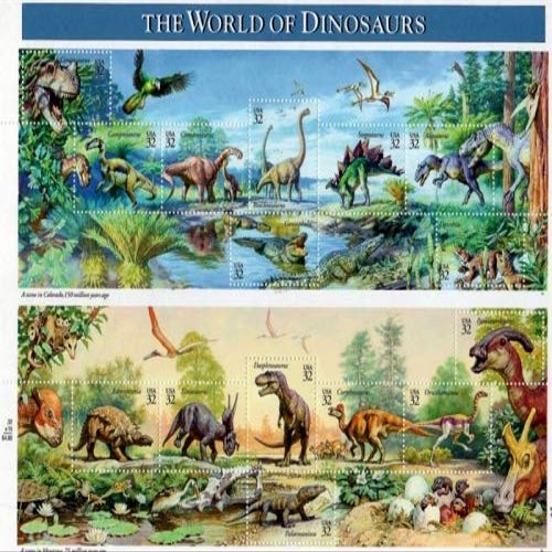 1997 The World of Dinosaurs, Prehistoric Animals, Collectible Set of 15 Stamps, Mint Never Hinged