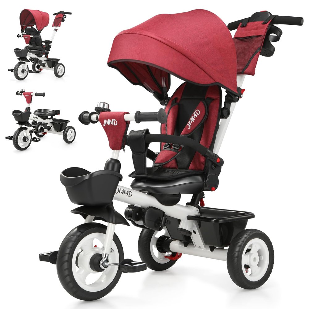 JMMD 7 in 1 Tricycle Stroller with Push Handle, Baby Trike with 360 Swivel Seat, Reclining Backrest, All-Terrain Wheels, Dual Brakes, Canopy & Storage, Gift for Kids 18 Months to 5 Years, Red