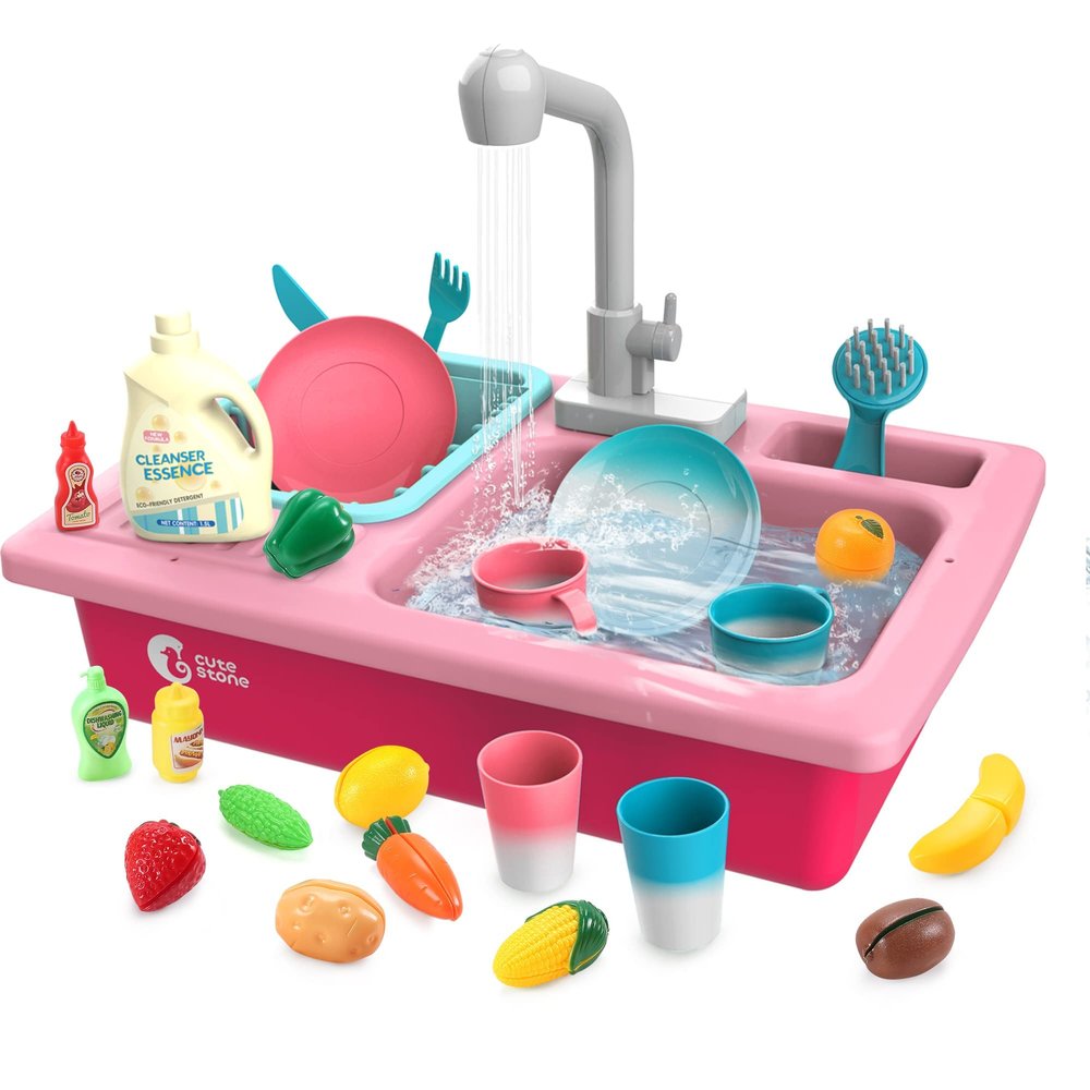 CUTE STONE Color Changing Play Kitchen Sink Toys, Children Electric Dishwasher Playing Toy with Running Water,Upgraded Real Faucet and Play Dishes,Pretend Role Play Toys for Kids Boys Girls