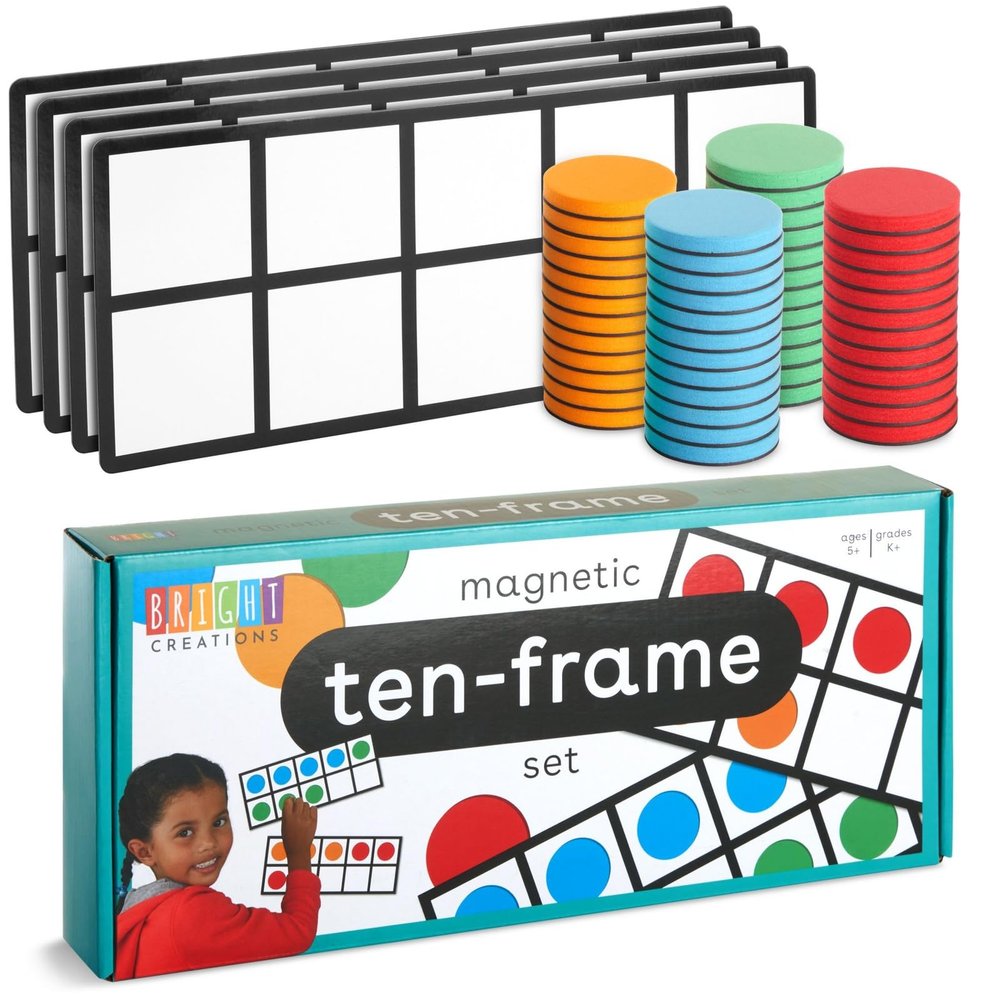 Bright Creations Giant Magnetic Ten Frames for Classroom Learning - 4 Pack Multi-Color Magnetic Frames with 48 Math Counters (12.25 x 5 in)