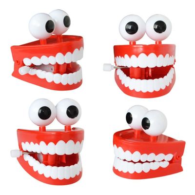 4 Pcs Wind-up Chattering Teeth Toys with Eyes, Funny Walking Babbling Teeth for Kids, Red Plastic, 2.95X2.59X2.48 Inch, Early Education Tools, Amusing Gift for Children
