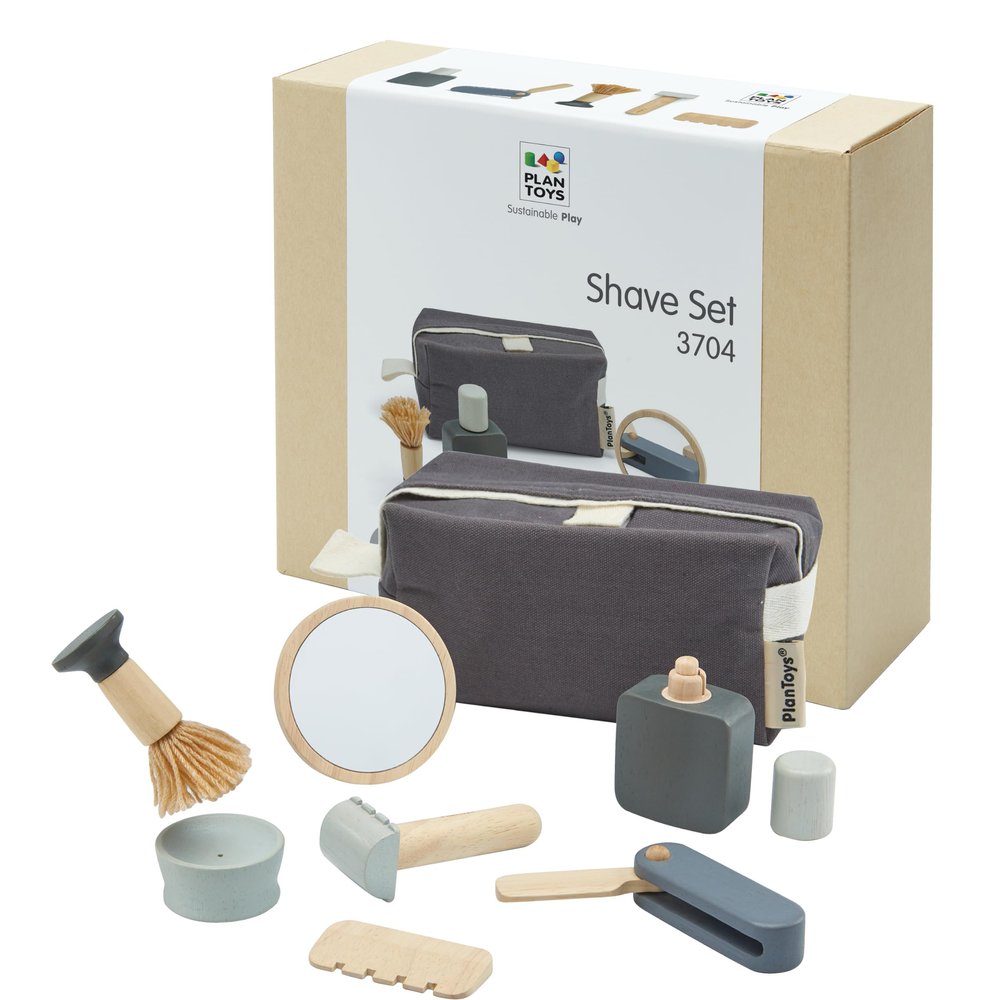 PlanToys Wooden Pretend Play Grooming Kit for Kids | Montessori Barber Role Play Toy with After-Shave Bottle, Razor, Comb, Brush & More | Eco-Friendly Educational Gift for Toddlers and Preschoolers