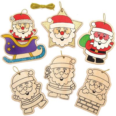 Baker Ross AX420 Jolly Santa Wooden Decorations - Pack of 12, Christmas Decorations for Kids to Decorate and Display, Ideal Kids Arts and Crafts Project