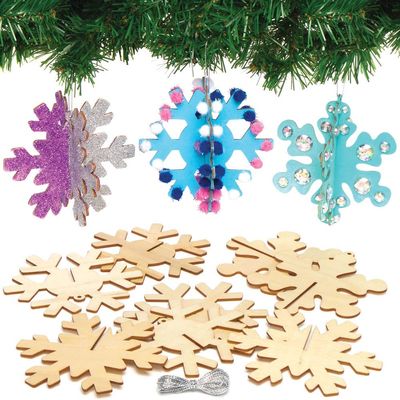 Baker Ross AX403 Snowflake Wooden 3D Decorations - Pack of 6, Christmas Decorations for Kids to Decorate and Display, Ideal Kids Arts and Crafts Project