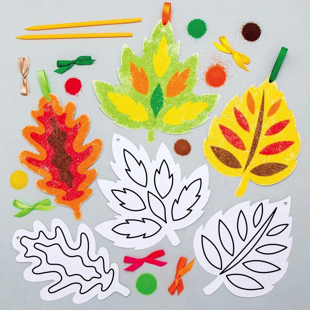 Baker Ross AX279 Leaf Sand Art Decorations - Pack of 6, for Kids Autumn Arts and Crafts Projects, Fall Arts and Crafts for Kids