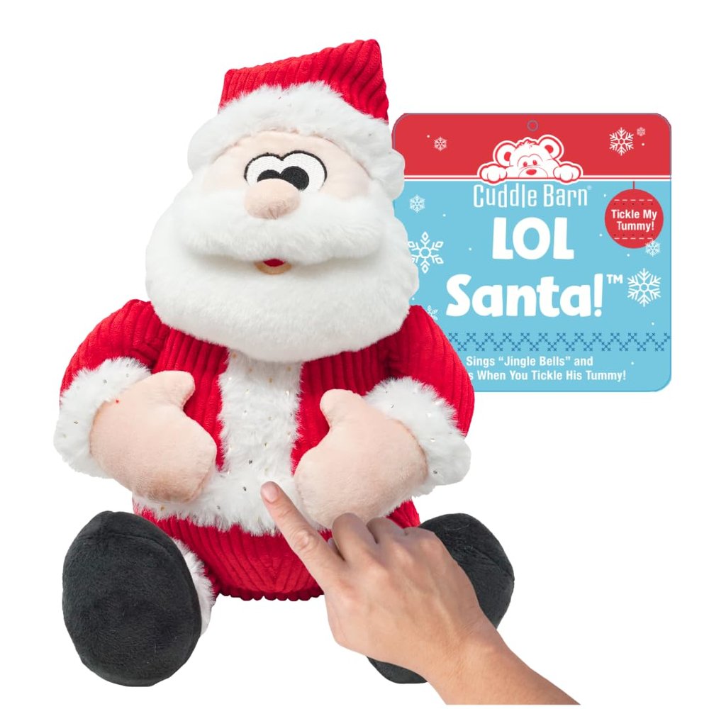 Cuddle Barn - LOL Santa! Tickle My Tummy Plush Christmas Toy | Sings Sways to Jingle Bells | Touch Sensor Interrupts Song with Laughing | White Elephant Gift for Adults, Teens, Kids - 11"