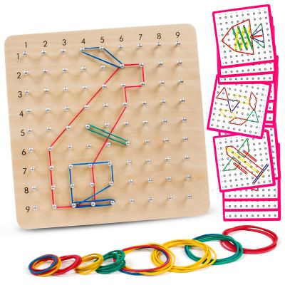 Skrtuan Wooden Geoboard with Pattern Cards & Rubber Bands, Montessori STEM Educational Toy for Kids 3-5 5-8 Years Old, Brain Teaser Puzzle Game for Geometry Learning and Creative Shapes