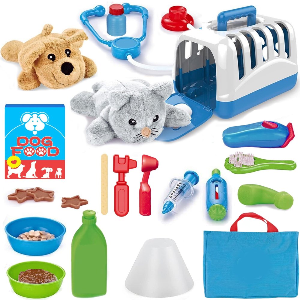 34-Piece Kids Pretend Vet Playset, Veterinarian Role Play Doctor Toy Kit with Plush Dog & Cat, Pet Care Grooming Set with Carrier & Medical Tools