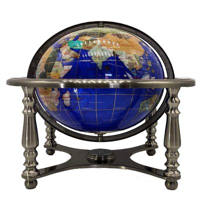 Limited Edition! Unique Art Since 1996 Blue Pearl Swirl Table Top Gemstone World Globe with Silver Zinc Alloy Stand (220MM/9 INCHES 4 LEG/BLUE PEARL OCEAN)