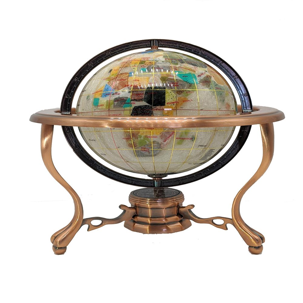 Unique Art 10-Inch Tall Table Top Pearl Ocean Gemstone World Globe with Copper Tripod Stand (150 GT PEARL COPPER)