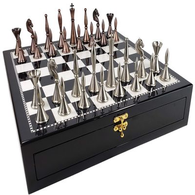 Brass Metal Modern Art Deco Staunton Chess Set with 17 inch High Gloss Black and White Storage Board