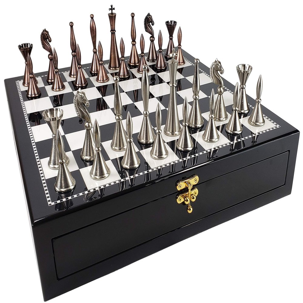 Brass Metal Modern Art Deco Staunton Chess Set with 17 inch High Gloss Black and White Storage Board