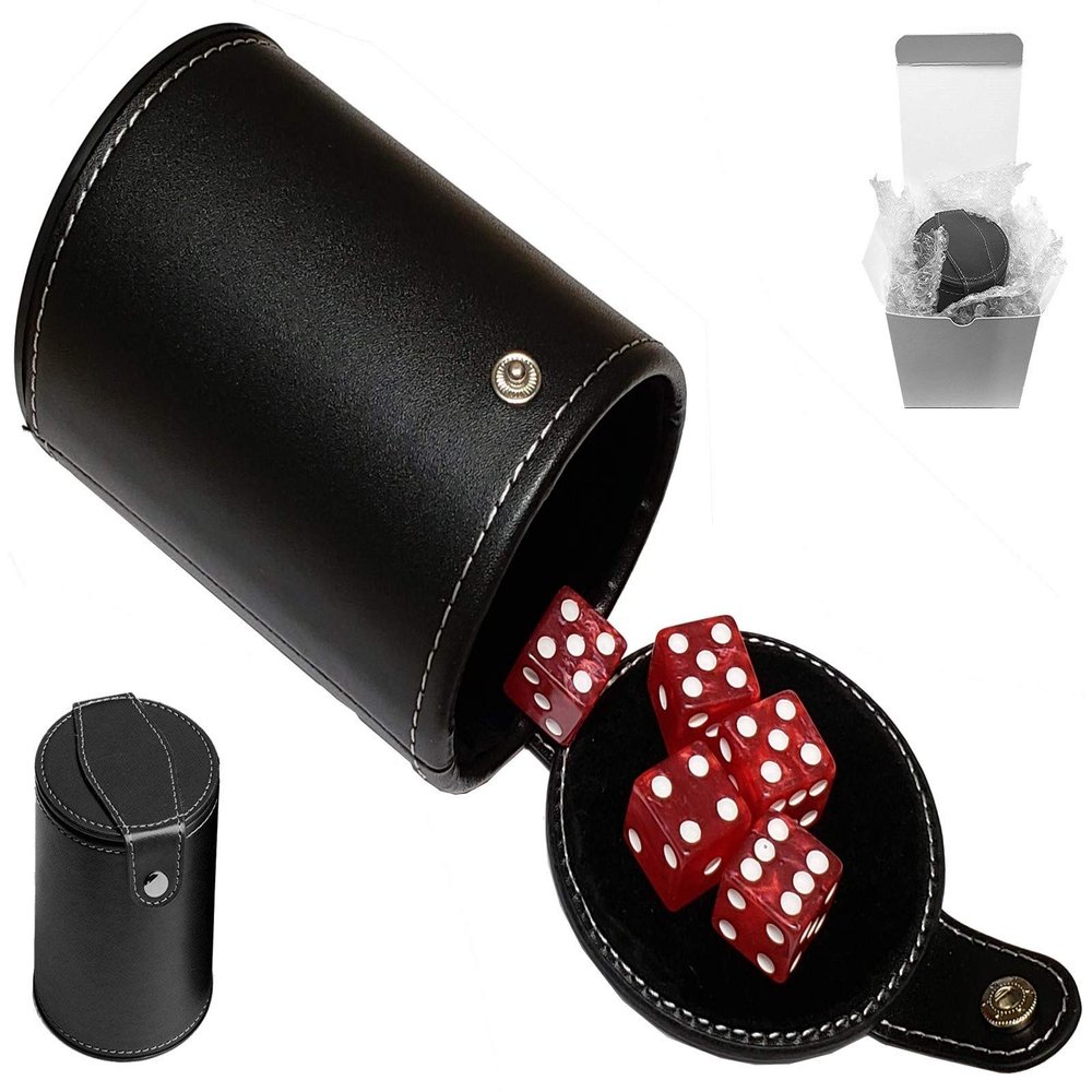 Cyber-Deals Set of 16mm Marbleized Dice and Black PU Leather, Velvet Lined Dice Cup with Storage Compartment (Gift Boxed) (Red Dice, Black Lining Cup)