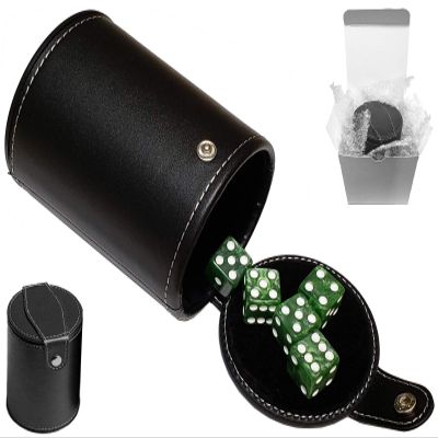 Cyber-Deals Set of 16mm Marbleized Dice and Black PU Leather, Velvet Lined Dice Cup with Storage Compartment (Gift Boxed) (Green Dice, Black Lining Cup)