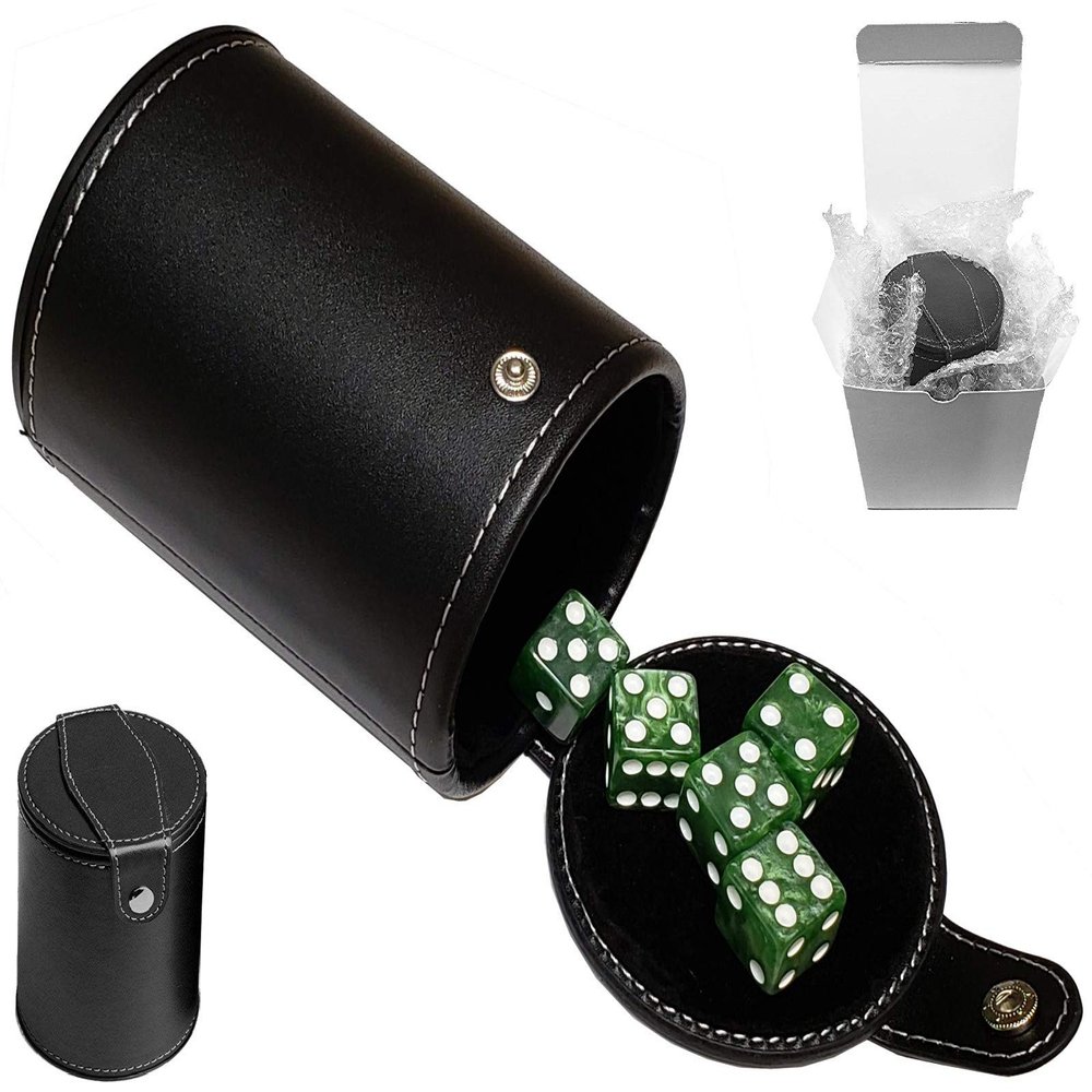 Cyber-Deals Set of 16mm Marbleized Dice and Black PU Leather, Velvet Lined Dice Cup with Storage Compartment (Gift Boxed) (Green Dice, Black Lining Cup)