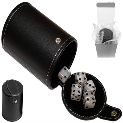 Cyber-Deals Set of 16mm Marbleized Dice and Black PU Leather, Velvet Lined Dice Cup with Storage Compartment (Gift Boxed) (Pearl Dice, Black Lining Cup)