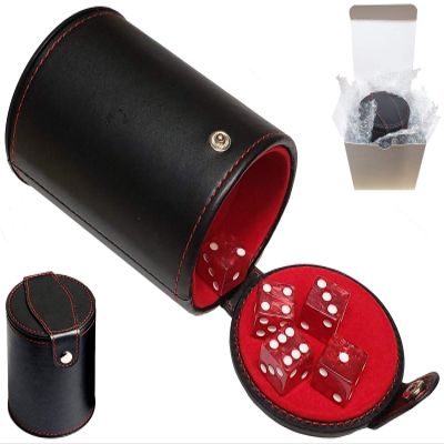 Cyber-Deals Set of 16mm Marbleized Dice and Black PU Leather, Velvet Lined Dice Cup with Storage Compartment (Gift Boxed) (Red Dice, Red Lining Cup)