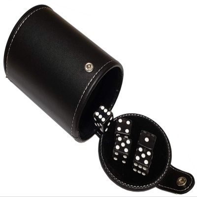 Cyber-Deals Set of 16mm Transparent Dice and Black PU Leather, Black Velvet Lined Dice Cup with Storage Compartment (Gift Boxed) (Black Glitter)