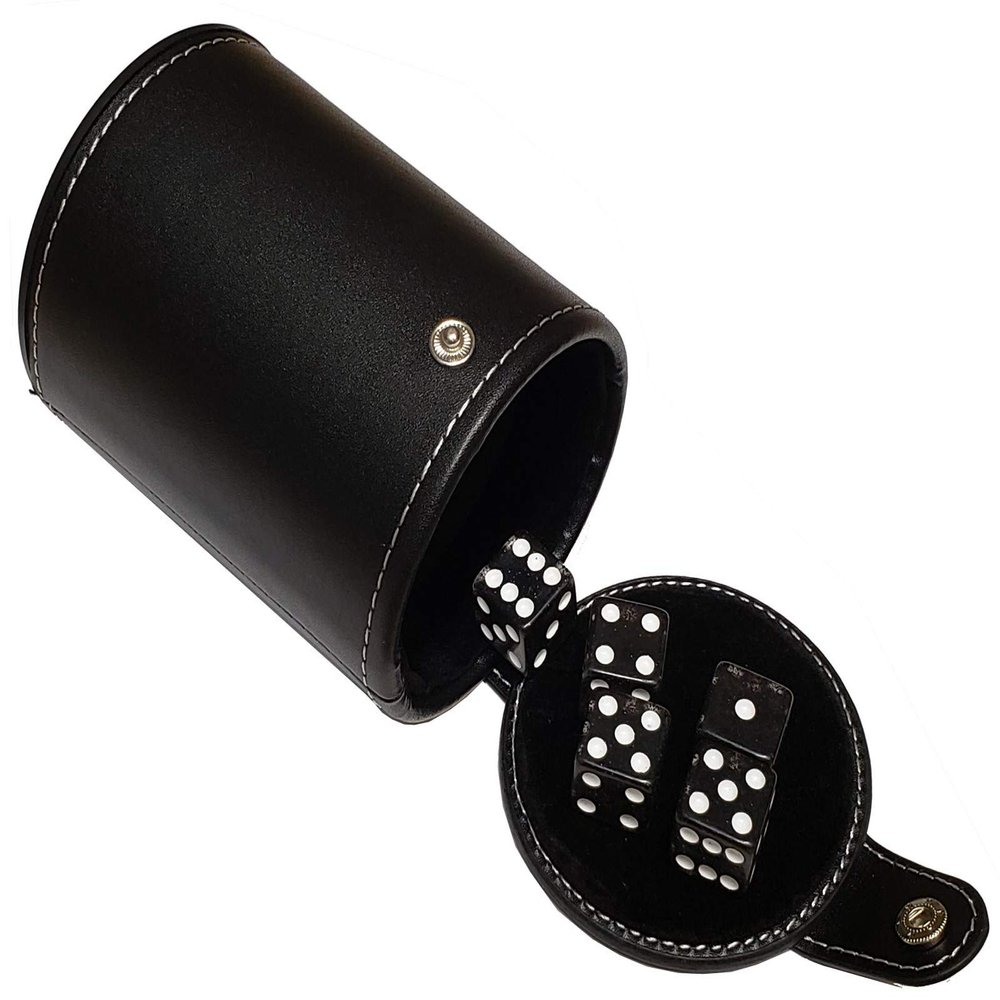 Cyber-Deals Set of 16mm Transparent Dice and Black PU Leather, Black Velvet Lined Dice Cup with Storage Compartment (Gift Boxed) (Black Glitter)