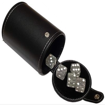 Cyber-Deals Set of 16mm Transparent Dice and Black PU Leather, Black Velvet Lined Dice Cup with Storage Compartment (Gift Boxed) (Clear Glitter)
