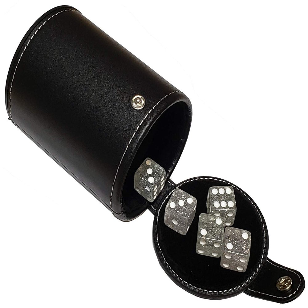 Cyber-Deals Set of 16mm Transparent Dice and Black PU Leather, Black Velvet Lined Dice Cup with Storage Compartment (Gift Boxed) (Clear Glitter)