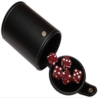 Cyber-Deals Set of 16mm Transparent Dice and Black PU Leather, Black Velvet Lined Dice Cup with Storage Compartment (Gift Boxed) (Purple Glitter)