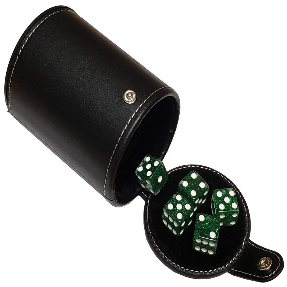 Cyber-Deals Set of 16mm Transparent Dice and Black PU Leather, Black Velvet Lined Dice Cup with Storage Compartment (Gift Boxed) (Green Glitter)