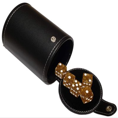 Cyber-Deals Set of 16mm Transparent Dice and Black PU Leather, Black Velvet Lined Dice Cup with Storage Compartment (Gift Boxed) (Yellow Glitter)