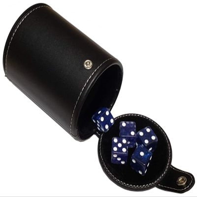 Cyber-Deals Set of 16mm Transparent Dice and Black PU Leather, Black Velvet Lined Dice Cup with Storage Compartment (Gift Boxed) (Blue Glitter)
