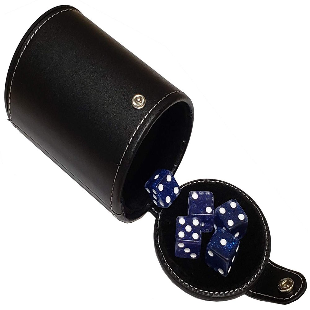 Cyber-Deals Set of 16mm Transparent Dice and Black PU Leather, Black Velvet Lined Dice Cup with Storage Compartment (Gift Boxed) (Blue Glitter)