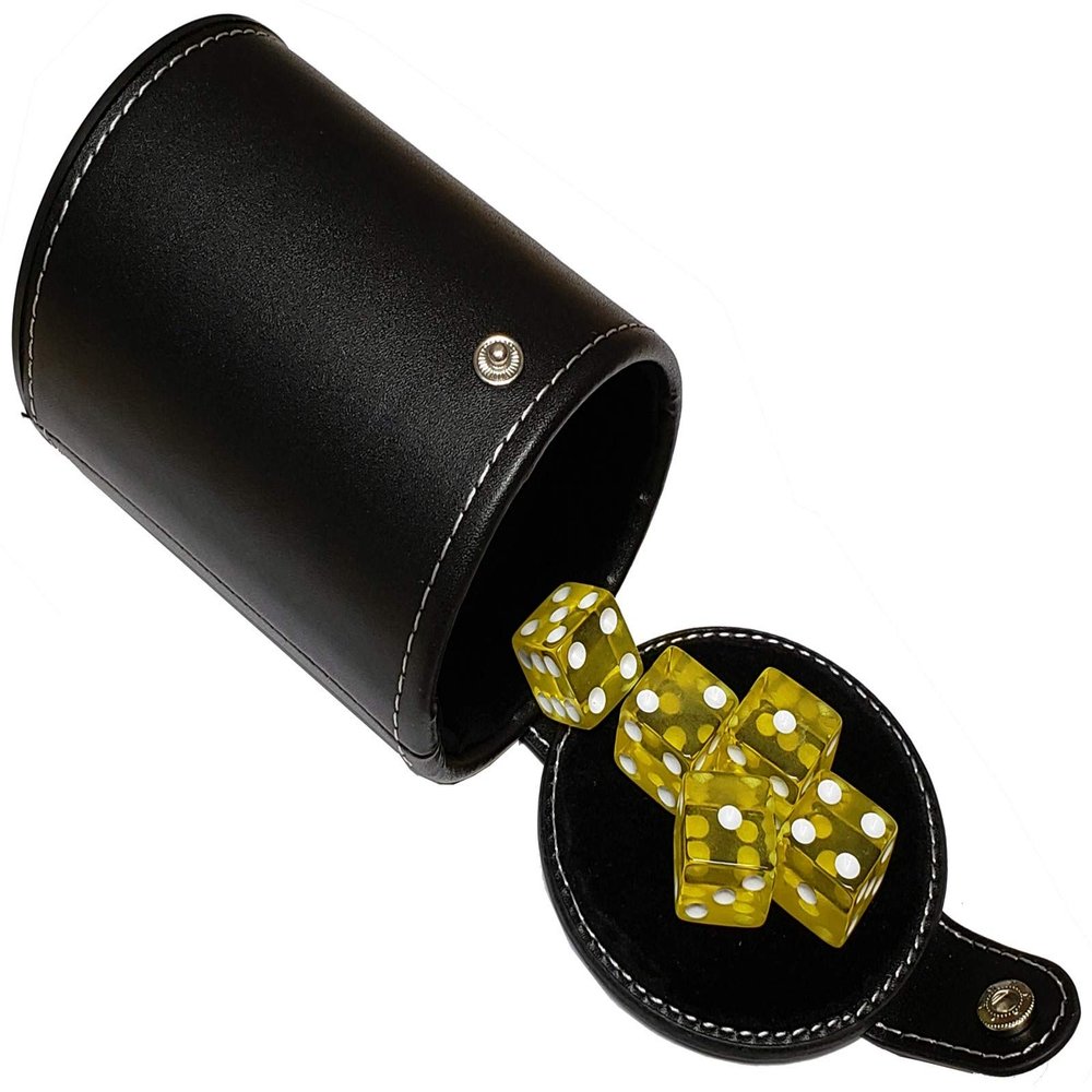 Cyber-Deals Set of 16mm Transparent Dice and Black PU Leather, Black Velvet Lined Dice Cup with Storage Compartment (Gift Boxed) (Yellow)