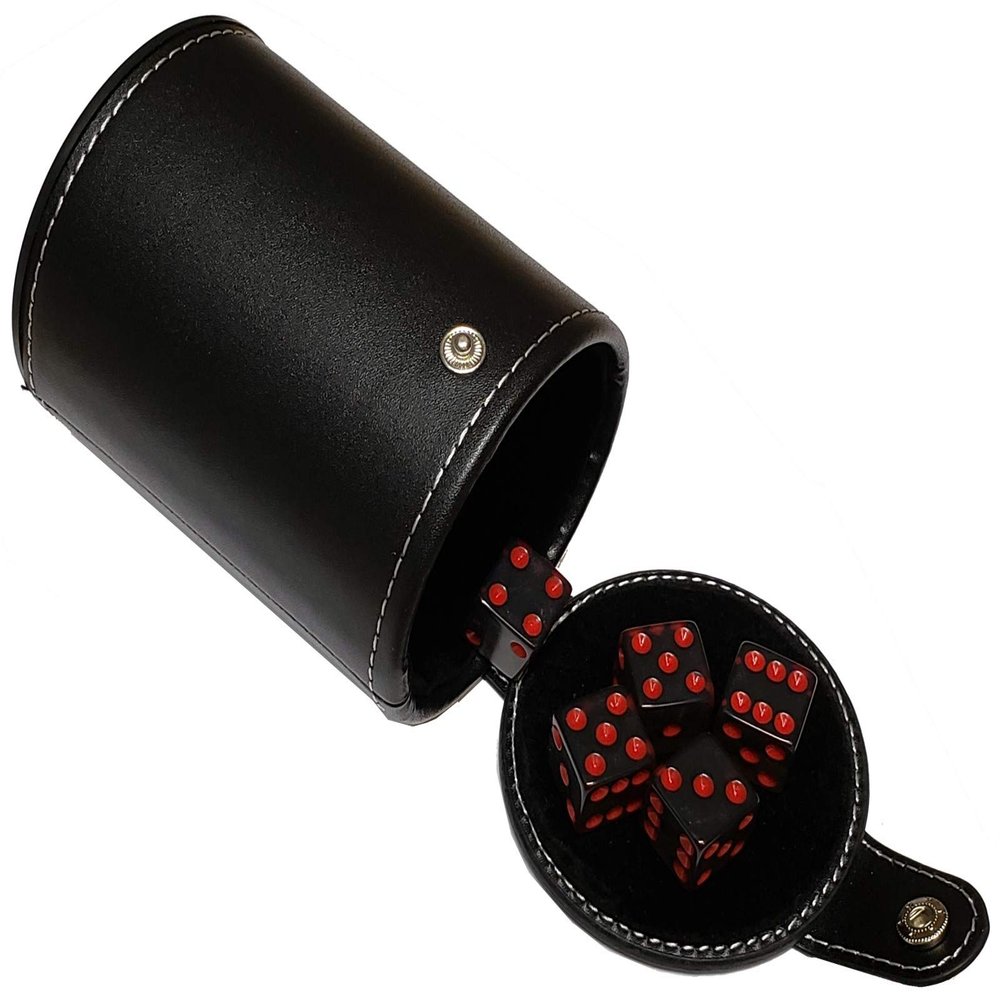 Cyber-Deals Set of 16mm Transparent Dice and Black PU Leather, Black Velvet Lined Dice Cup with Storage Compartment (Gift Boxed) (Smoke/Red)