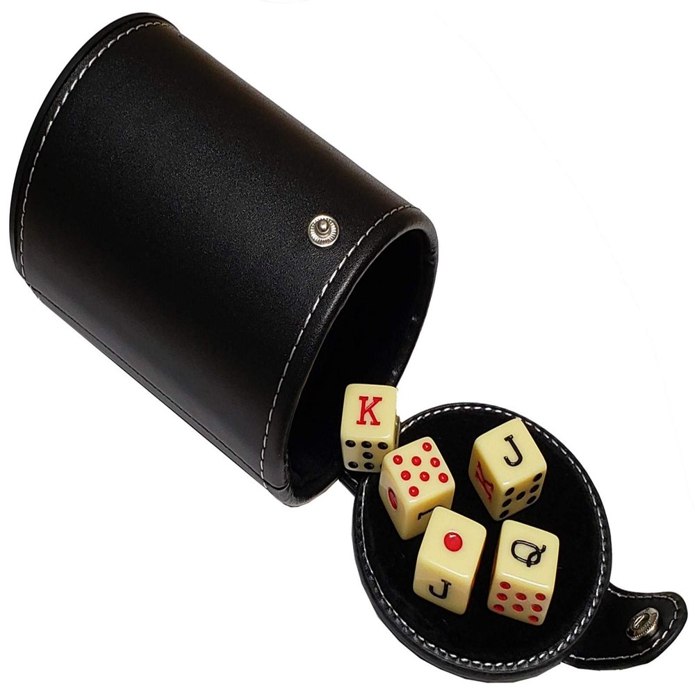 Set (5) 16mm Spanish Poker Dice (Bone Tone) and PU Leather Black Velvet Lined Dice Cup with Storage Compartment (Gift Boxed)