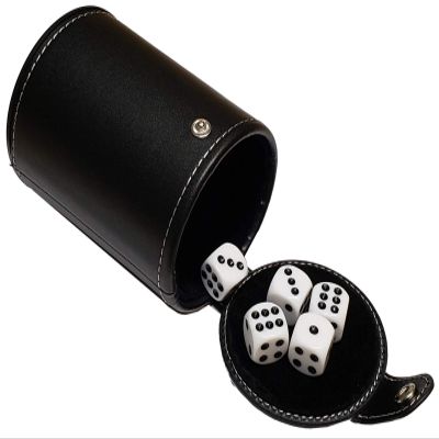 Set (5) 16mm Dice Rounded Corners (White) + PU Leather Black Velvet Lined Dice Cup with Storage Compartment (Gift Boxed)