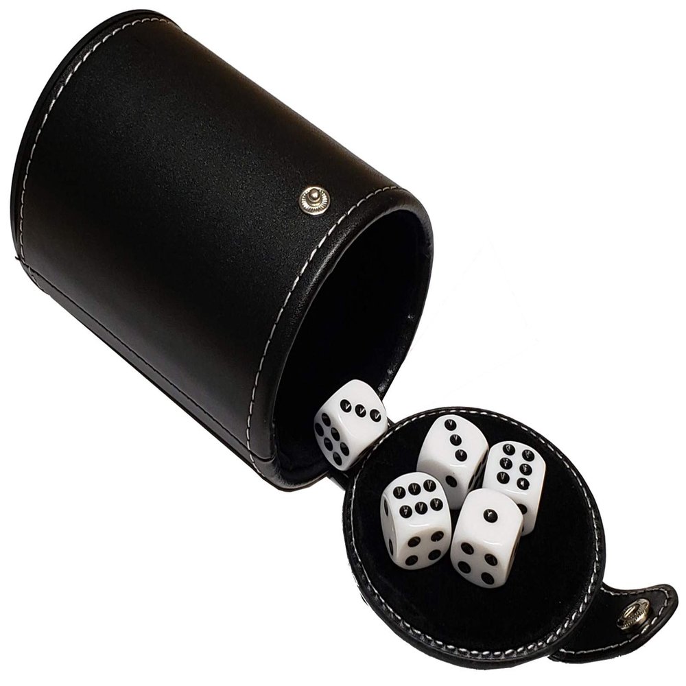 Set (5) 16mm Dice Rounded Corners (White) + PU Leather Black Velvet Lined Dice Cup with Storage Compartment (Gift Boxed)
