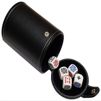 Set (5) 16mm Premium Quality Poker Dice White w/Clubs Ace + Black PU Leather Dice Cup Felt Lined (Gift Boxed)