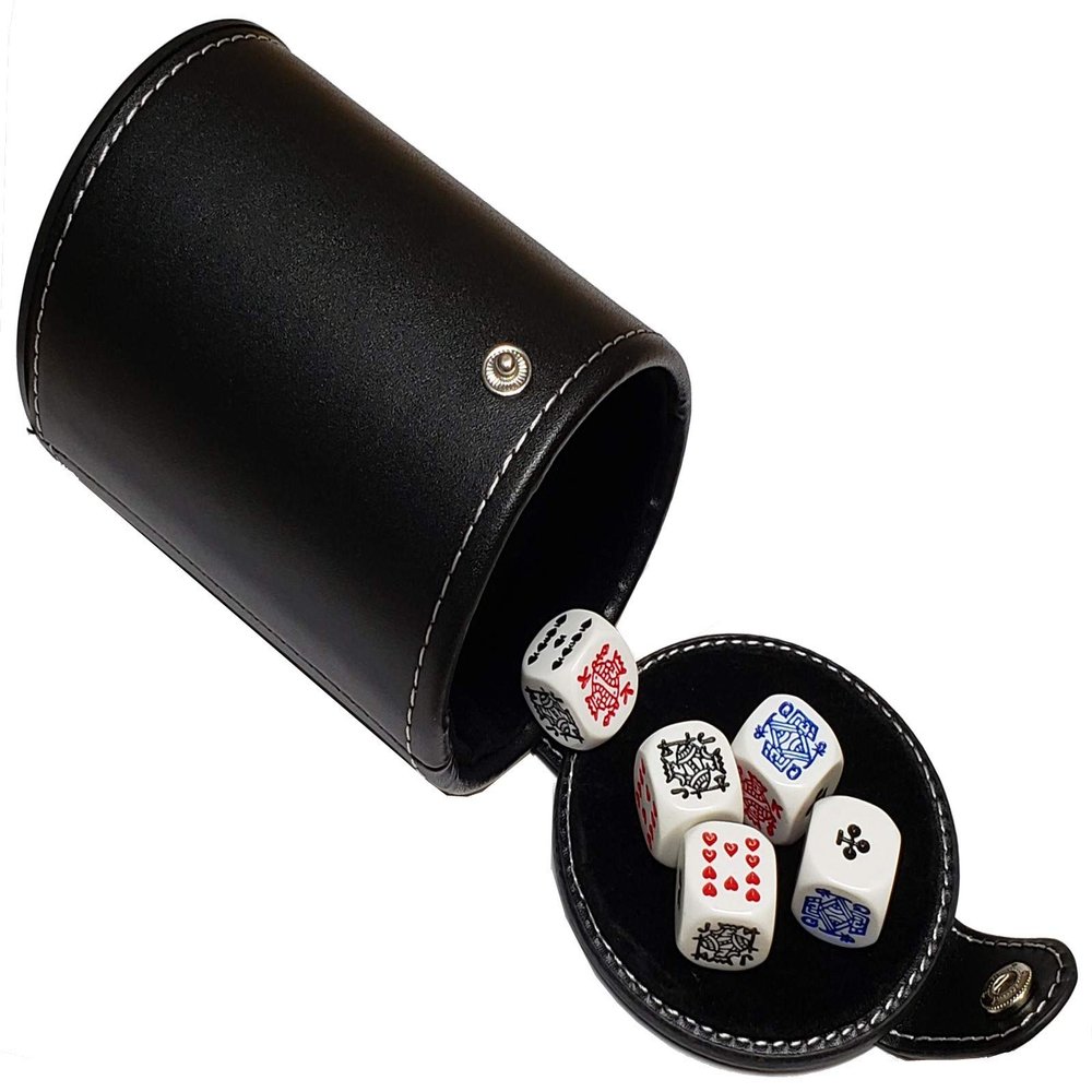 Set (5) 16mm Premium Quality Poker Dice White w/Clubs Ace + Black PU Leather Dice Cup Felt Lined (Gift Boxed)