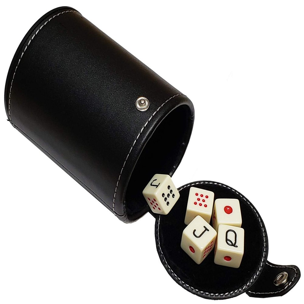 Set of 16mm Poker Dice and Black PU Leather Black Velvet Lined Dice Cup with Storage Compartment (Gift Boxed) (Spanish Poker (Squared Corners) - Ivory)