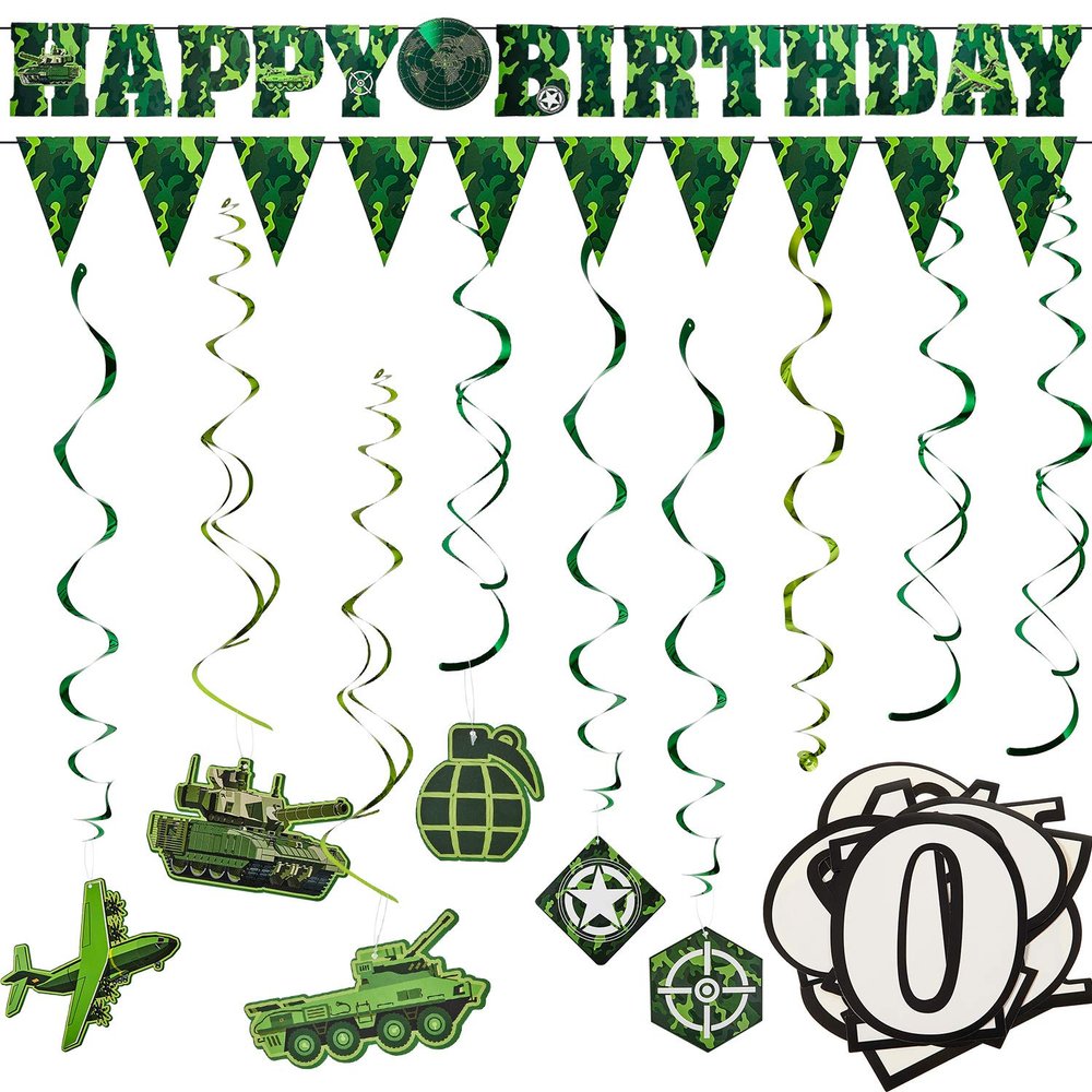14 Pieces Army Birthday Party Decorations Camouflage Banner Supplies Camo Birthday Hanging Swirl Decor Banner for Military Theme Birthday Party