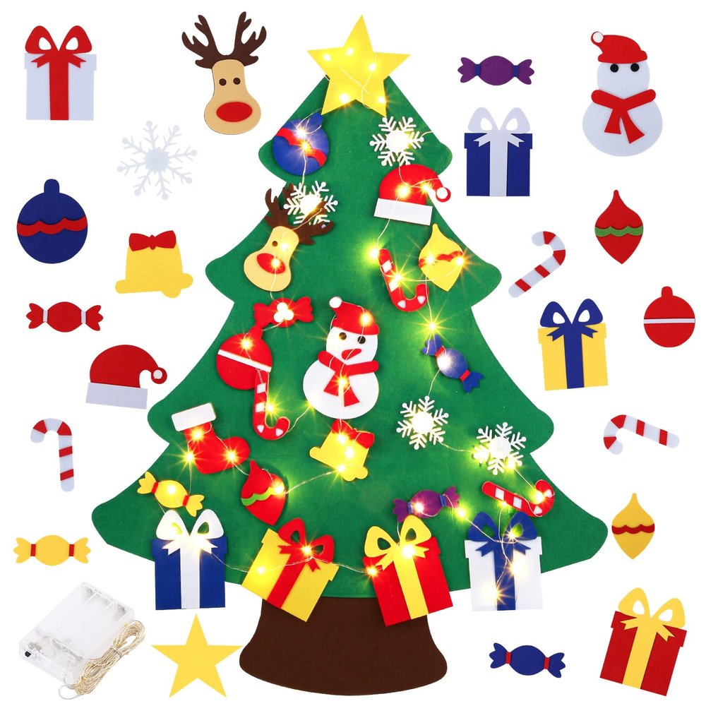 Abakuku 3FT DIY Felt Christmas Tree for Kids with 31pcs Detachable Ornaments,Wall Hanging Xmas Christmas Decorations with String Light (Batteries Not Included)