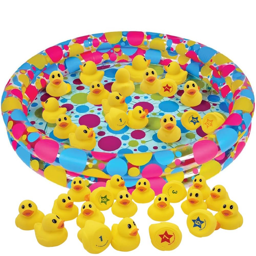 The Dreidel Company Duck Pond Matching Game Includes 20 Ducks with Numbers and Shapes and 3' x 6" Inflatable Pool, Memory Game, Water Outdoor Game for Children, Preschoolers, Birthday Party, Carnival